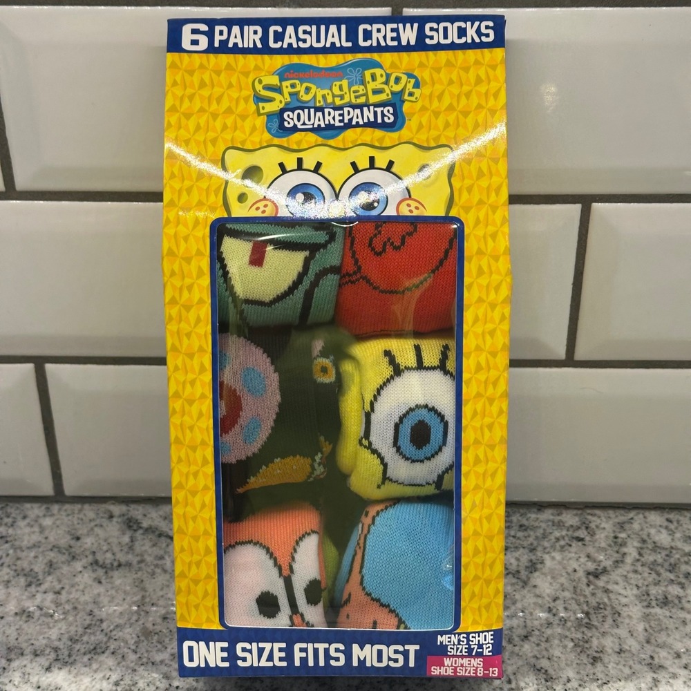 SpongeBob SquarePants 6 Pair Casual Crew Socks Mens Shoe Size 7-12 Womens‎ 8-13